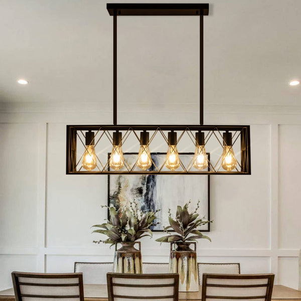 Pretoy Kitchen Island Pendant Lighting 6-Light Black Metal Industrial Bar Chandelier Fixtures Vintage Hanging Farmhouse Rectangle Linear Chandelier