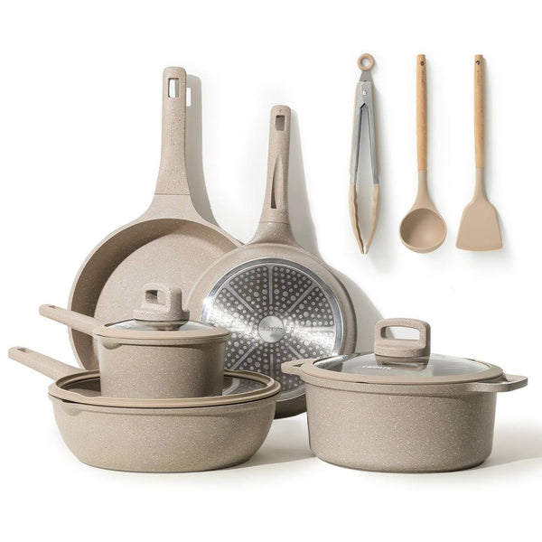 Carote Nonstick Pots and Pans Set, 10 Pcs Non Stick Cookware Set, Induction Stone Cookware Kitchen Cooking Set (Taupe Granite)