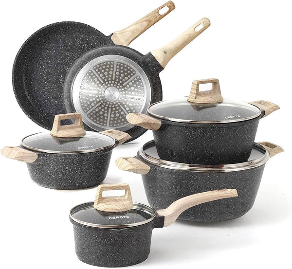 Carote Nonstick Granite Cookware Sets, 10 Pcs Pots and Pans Set, Non Stick Stone Kitchen Cookware Set with Frying Pans(Granite, Induction Cookware)