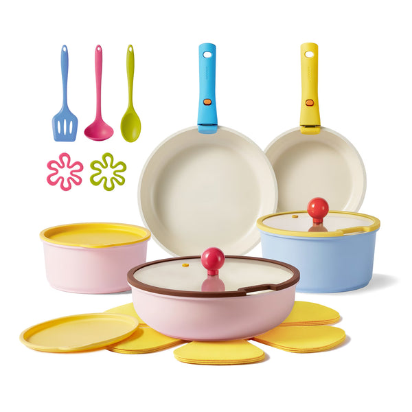 Carote 20 Pcs Ceramic Nonstick Cookware Set, Pots and Pans Set with Detachable Handles, Oven/Dishwasher Safe, Stackable Kitchen Cooking Set, Colorful